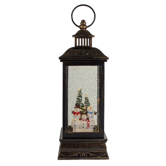 11" Black with Brushed Gold LED Snowman Family Christmas Lantern Snow Globe